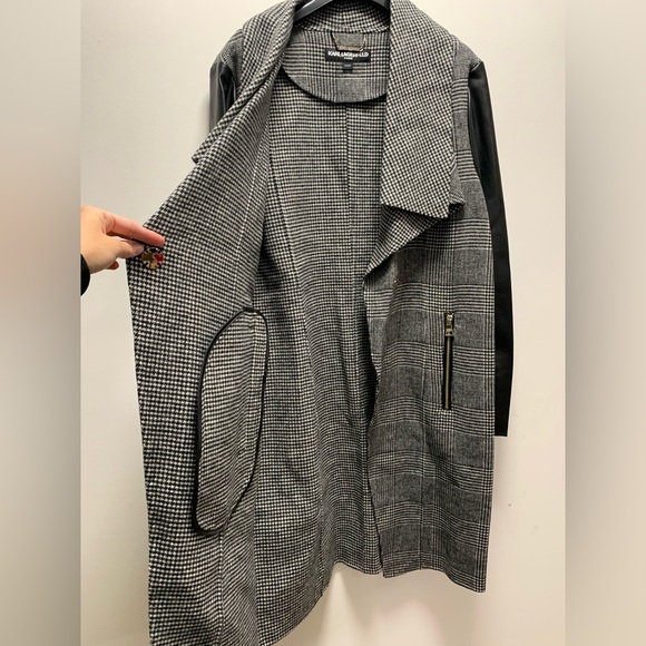 NEW KARL LAGERFELD PLAID WOOL DRAPE COLLAR FAUX LEATHER SLEEVE COAT SIZE:SMALL - Picture 8 of 16